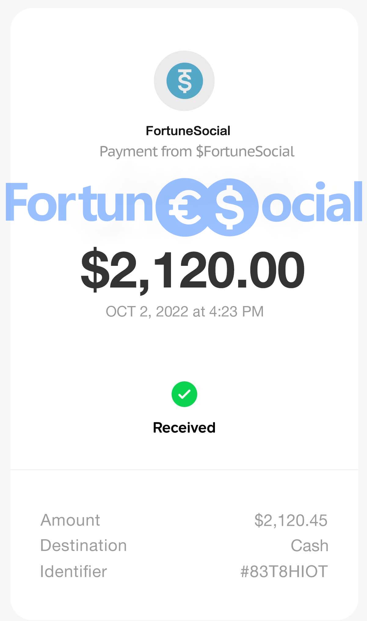FortuneSocial payment proof